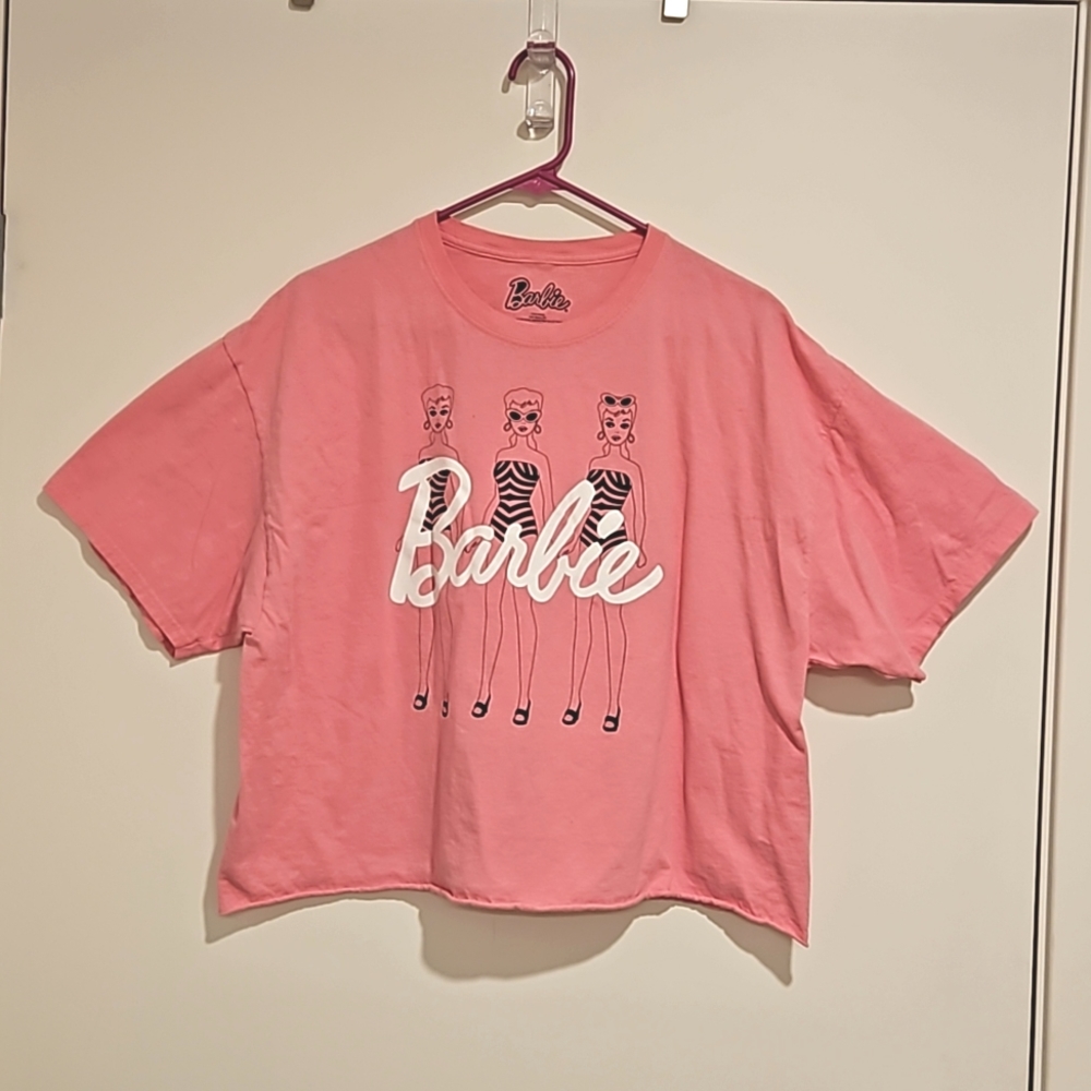 BARBIE oversize PINK crop graphic tee XL Mattel retro doll '59 striped swimsuit